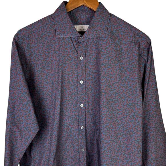 Canali Mens Red and Blue Camouflage Pattern Long Sleeve Button Up Dress Shirt - Picture 2 of 7